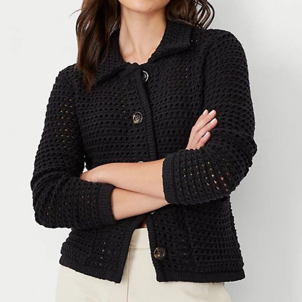 Ann Taylor Geo Stitch Sweater Jacket Black Sz S